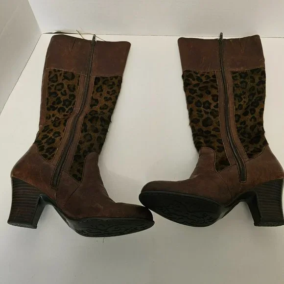 Born Brown Boots Knee High Zip Leopard Print Pony Hair Women Size 9 1/2 - Picture 11 of 16